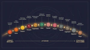 Zodiac ranking infographic showing twelve astrological signs ordered along an arc from loudest spotlight to stealthiest wallflower.