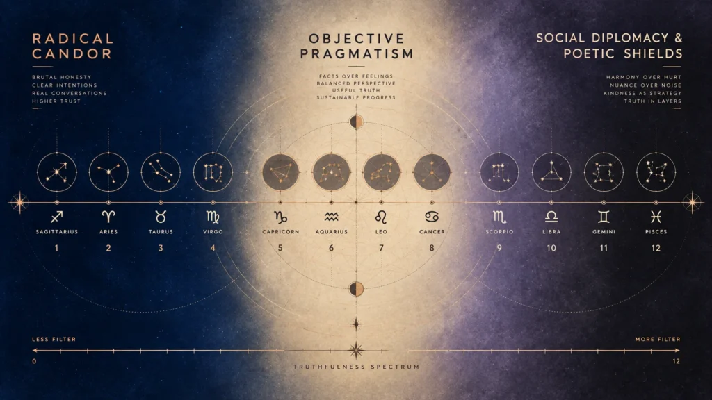 Zodiac signs ranked 1 to 12 along a truthfulness spectrum from radical candor to social diplomacy.