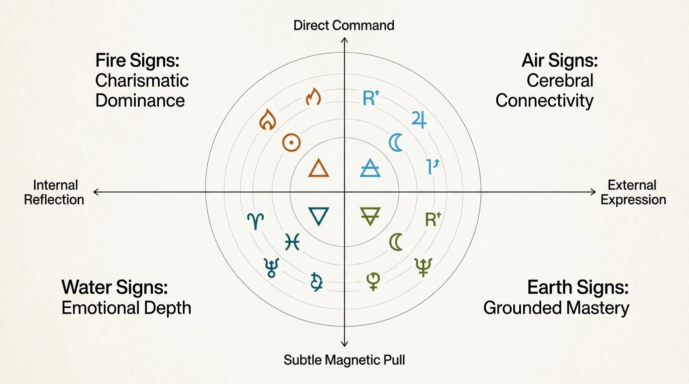 Circular four-quadrant astrological chart mapping Fire, Air, Earth, and Water signs with elemental and planetary symbols.
