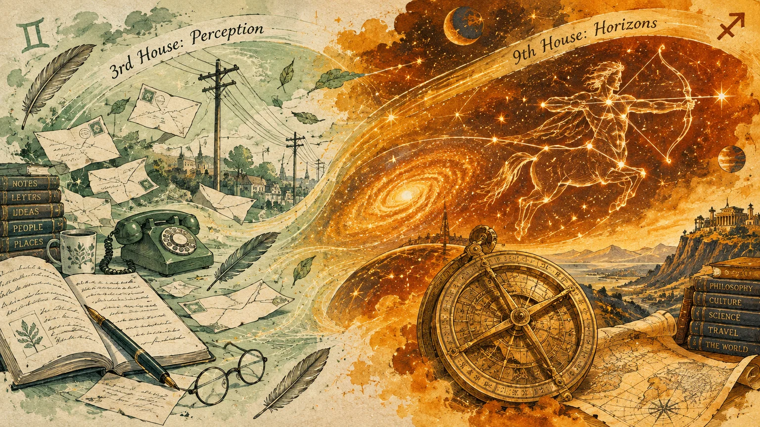 Split illustration contrasting Gemini's letters and telephone with Sagittarius's glowing centaur archer and cosmic galaxy.
