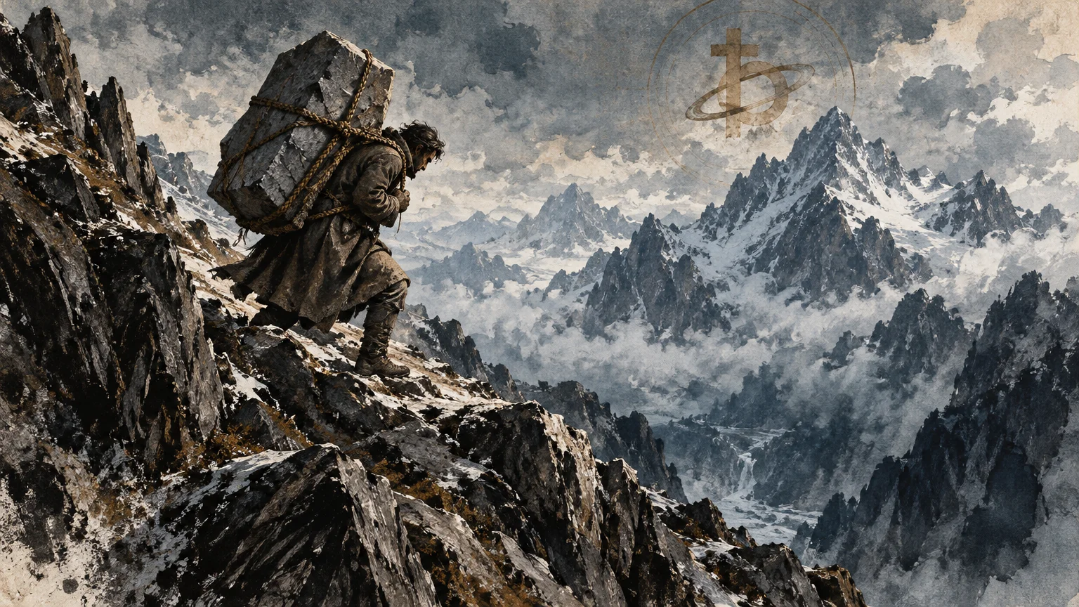 Ink and watercolor illustration of a man carrying a massive boulder up a rocky mountain ridge toward snowy peaks.