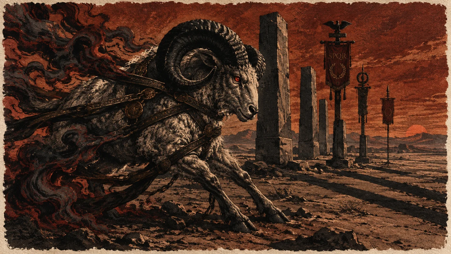 An armored ram with curling horns charges through a barren landscape past stone pillars and Roman SPQR banners.