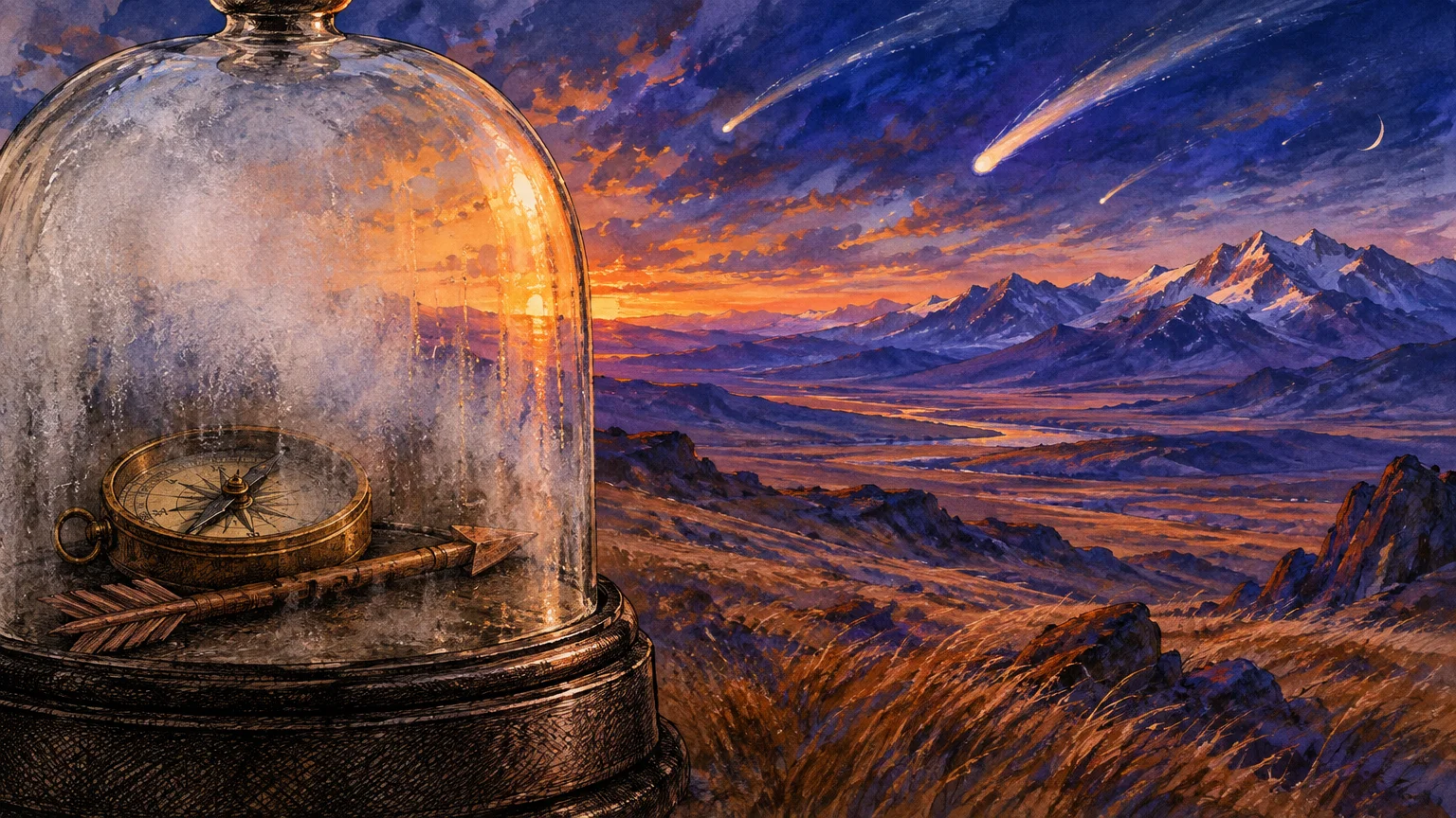 A brass compass and wooden arrow enclosed inside a glass bell jar overlook a vast mountain landscape at twilight.