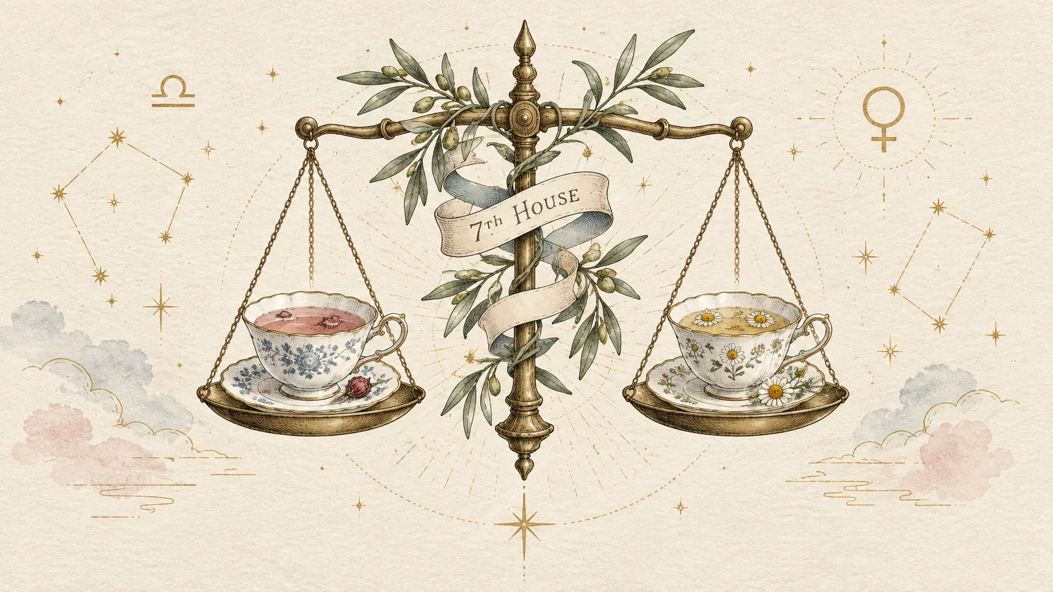 Illustration of balance scales holding teacups, wrapped in olive branches and a banner reading 7th House.