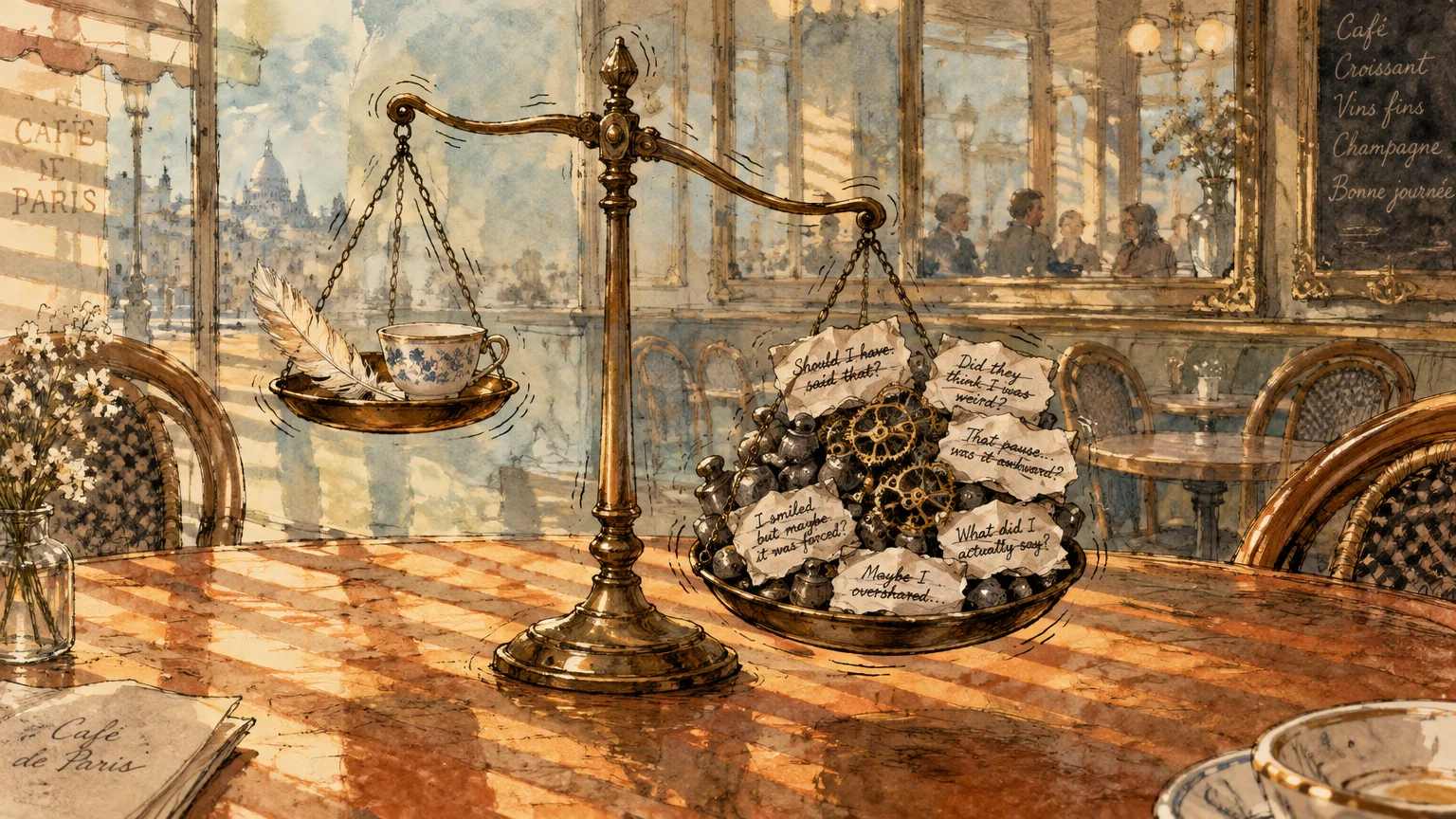Watercolor sketch of a brass scale on a café table, one pan weighted down by metal gears and handwritten notes.