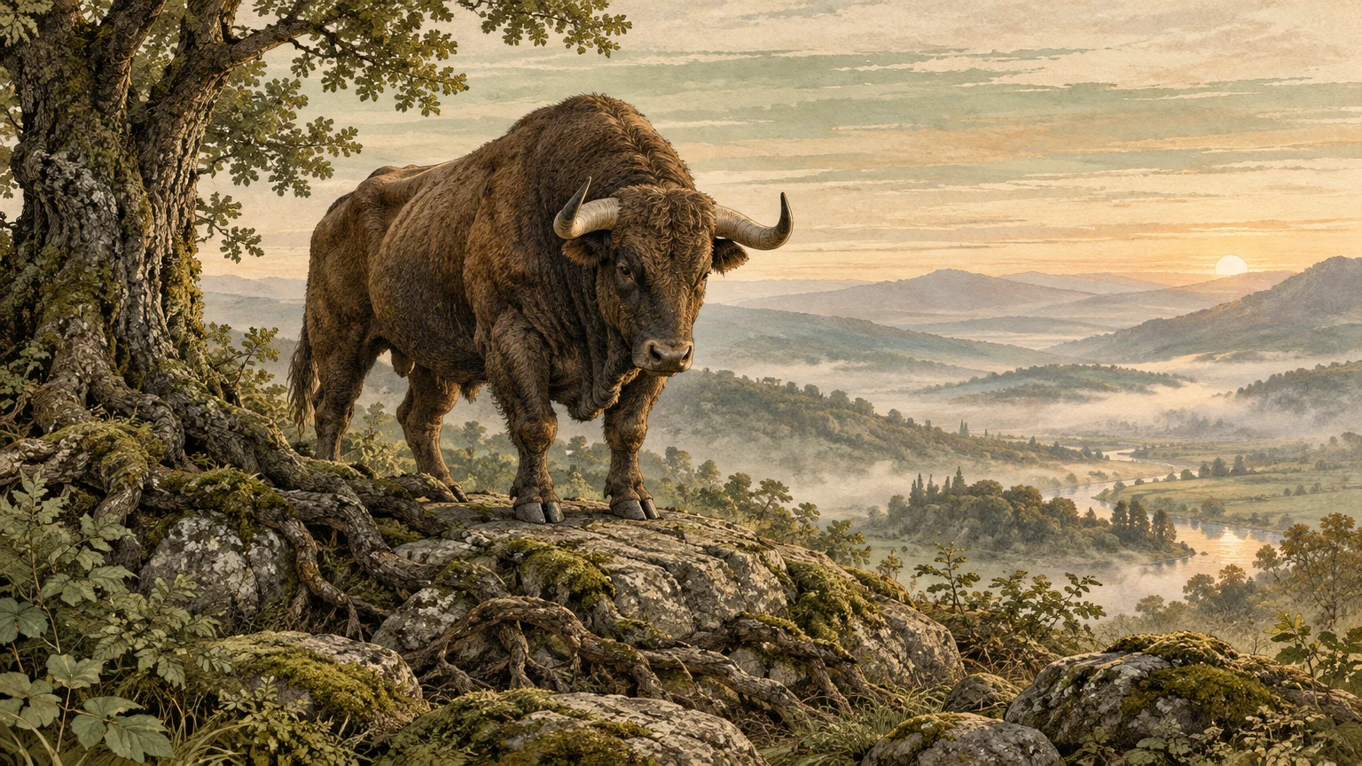 Illustration of a large brown bull standing on a rocky outcrop beside an oak tree overlooking a misty river valley at sunrise.