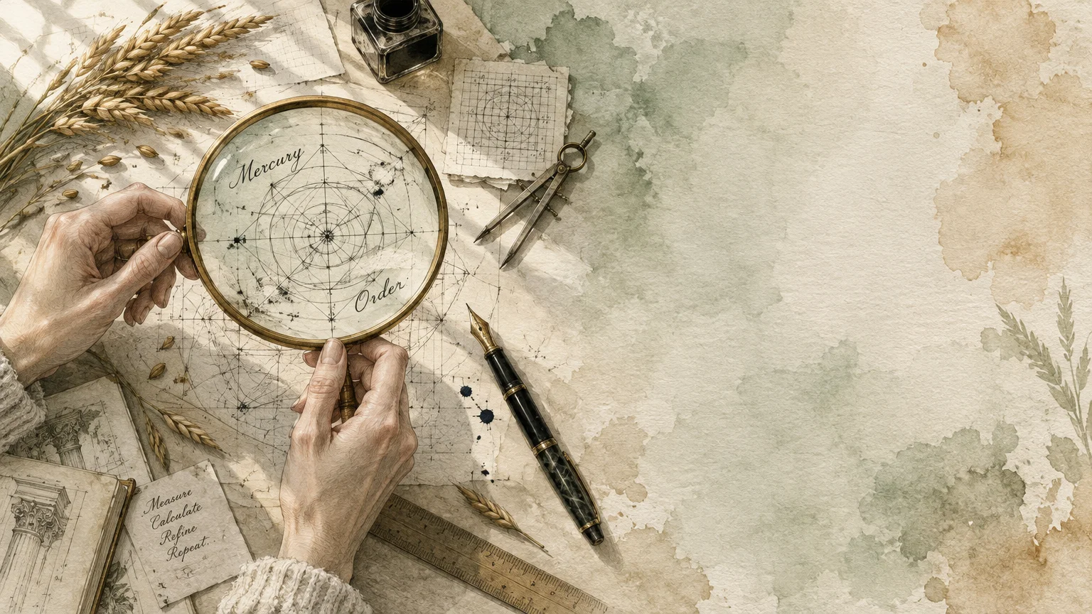 Hands holding a magnifying glass over geometric sketches beside a fountain pen, drafting compass, ink, and wheat stalks.