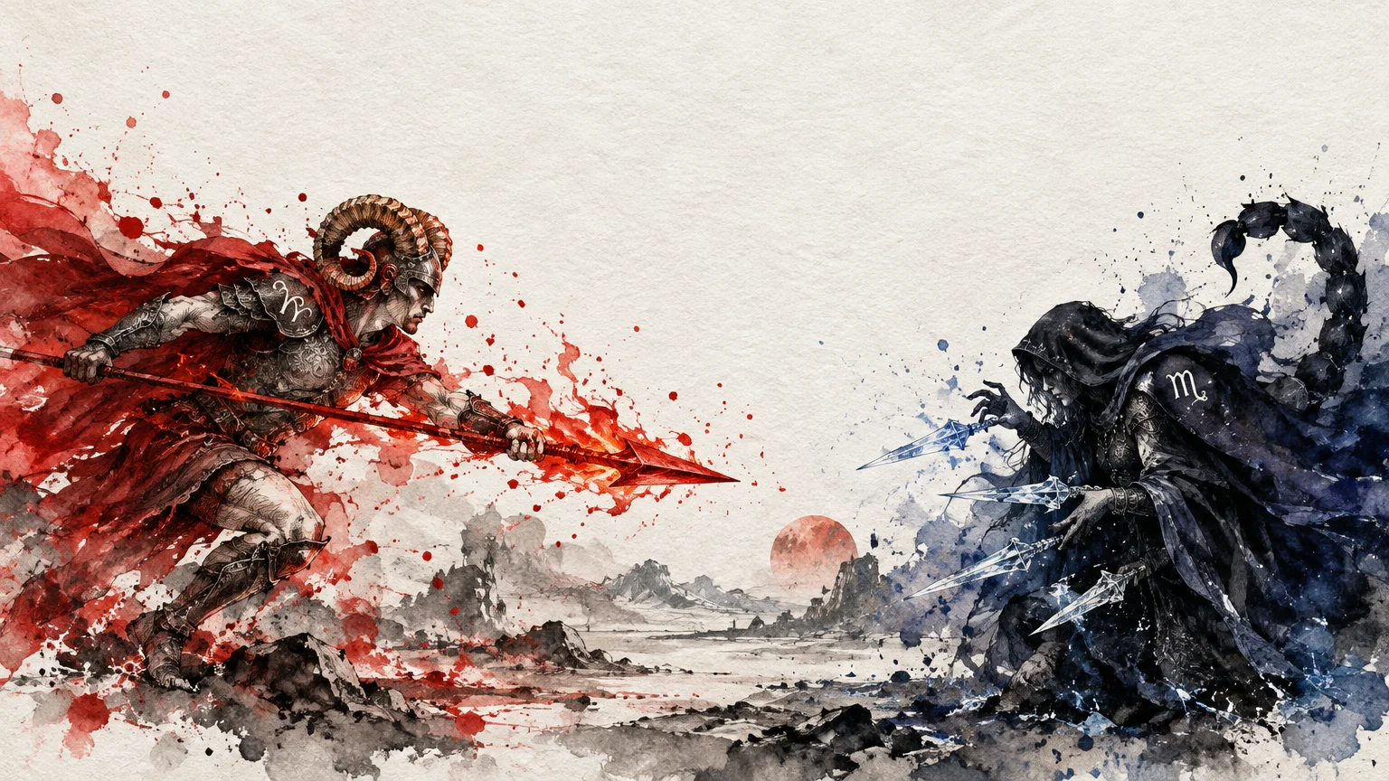 Watercolor illustration of a horned warrior in red with a spear facing a hooded figure with a scorpion tail in blue.