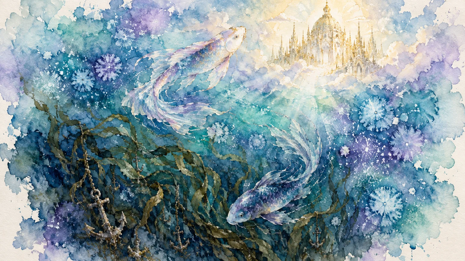Watercolor illustration of two fish swimming beneath a glowing palace in the clouds, with seaweed and anchors below.