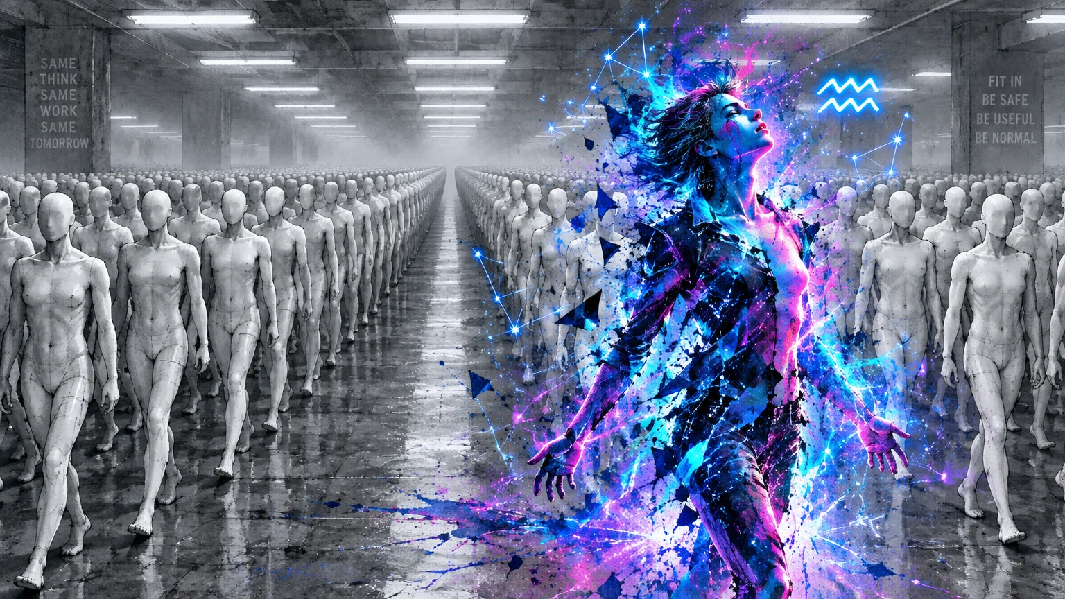 Glowing, colorful figure breaks away from rows of identical gray mannequins marching in a concrete hall.