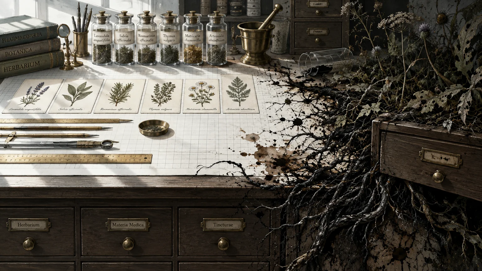 Neat botanical specimens and apothecary jars on a desk overtaken on the right by black ink splatters and tangled dark roots.