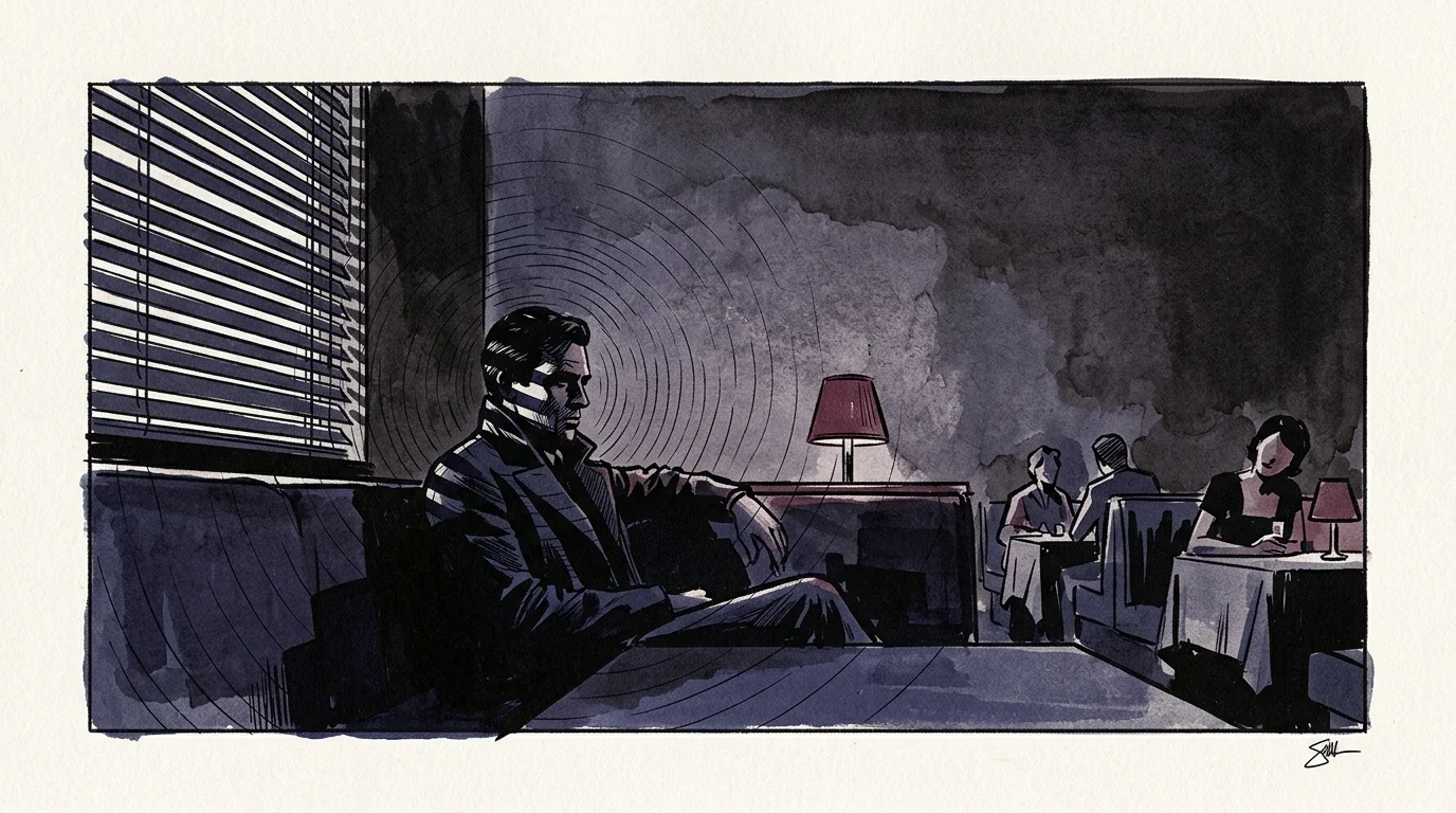 Comic illustration of a brooding man sitting alone in a dim restaurant booth beneath radiating soundwaves.