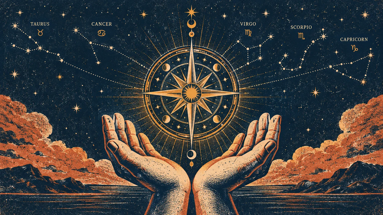 Illustration of two cupped hands holding a radiant celestial compass beneath night sky constellations of five zodiac signs.
