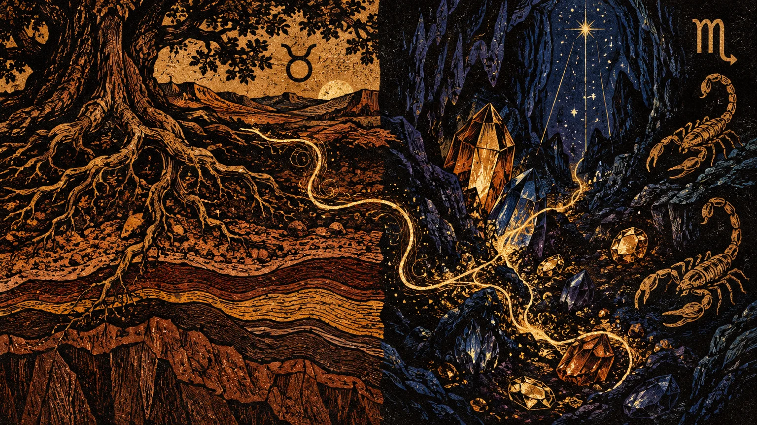 Split illustration showing tree roots in earthy soil beside a dark crystal cave with scorpions and zodiac symbols.