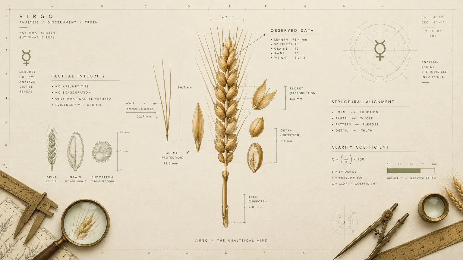 Botanical diagram of a wheat stalk with measurements, scientific annotations, a magnifying glass, and drafting tools.