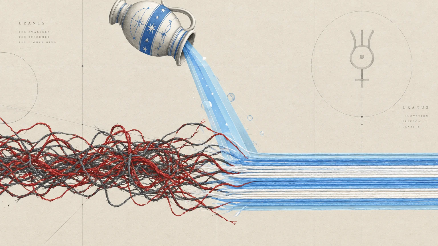 Illustration of a tilted vase pouring water that untangles a knot of red and black threads into straight blue lines.