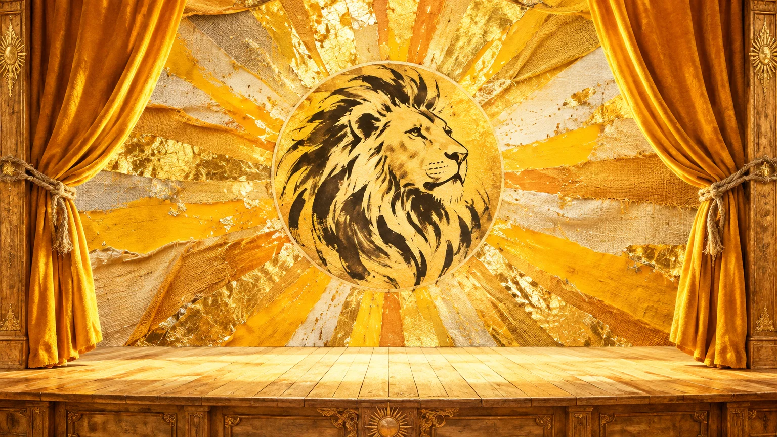 Golden theater stage with drawn yellow curtains framing a lion head emblem set against a radiant sunburst backdrop.