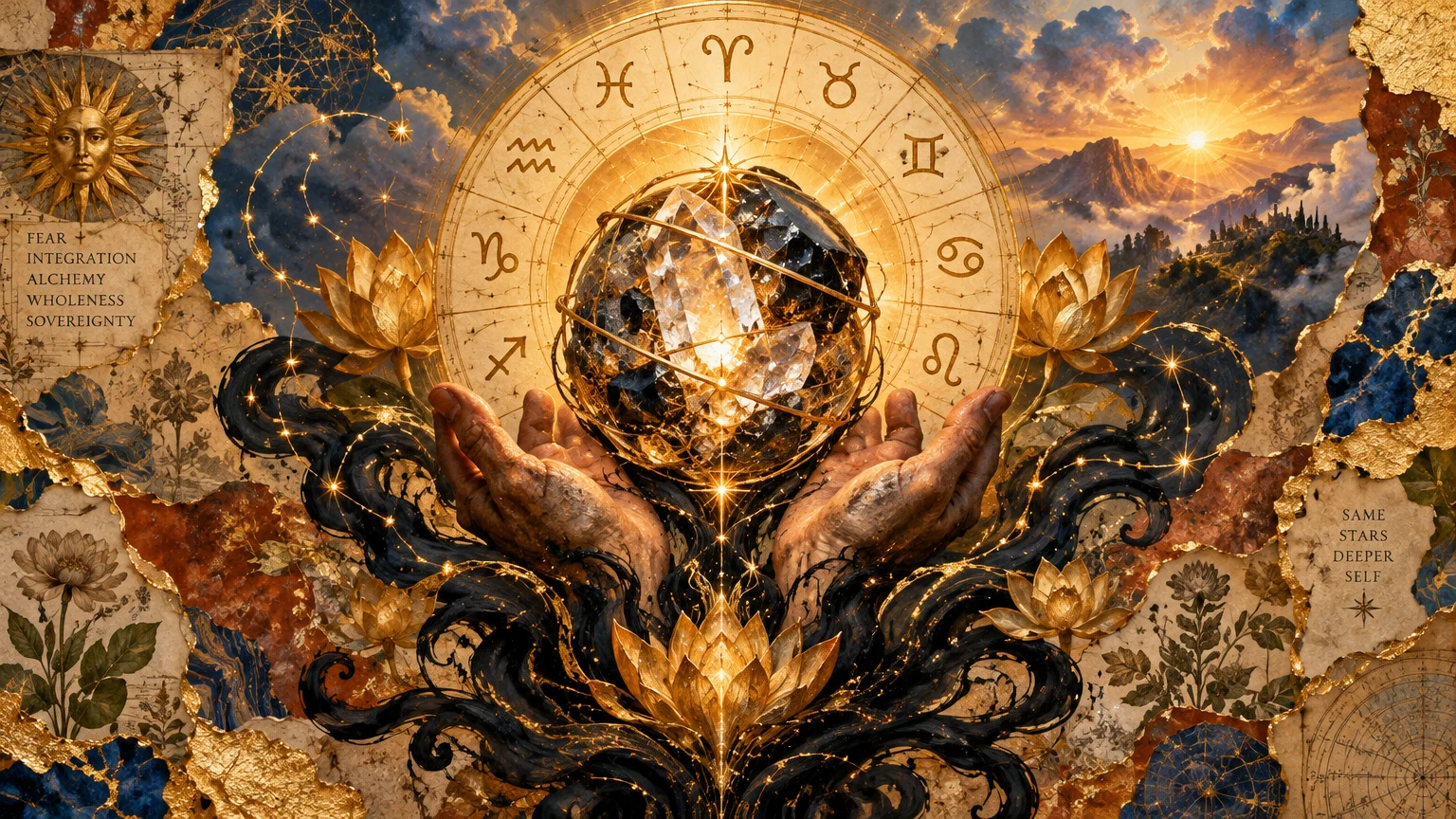 Mixed-media collage of hands cradling a glowing crystal sphere against a golden zodiac wheel, lotus flowers, and sky.