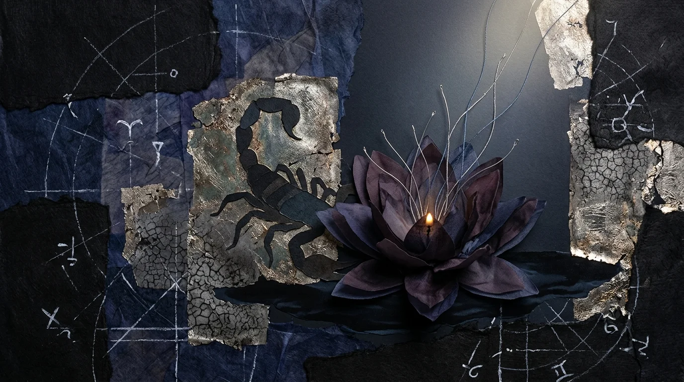 Mixed-media collage with a scorpion silhouette on gold leaf beside a dark glowing lotus and celestial chalk diagrams.