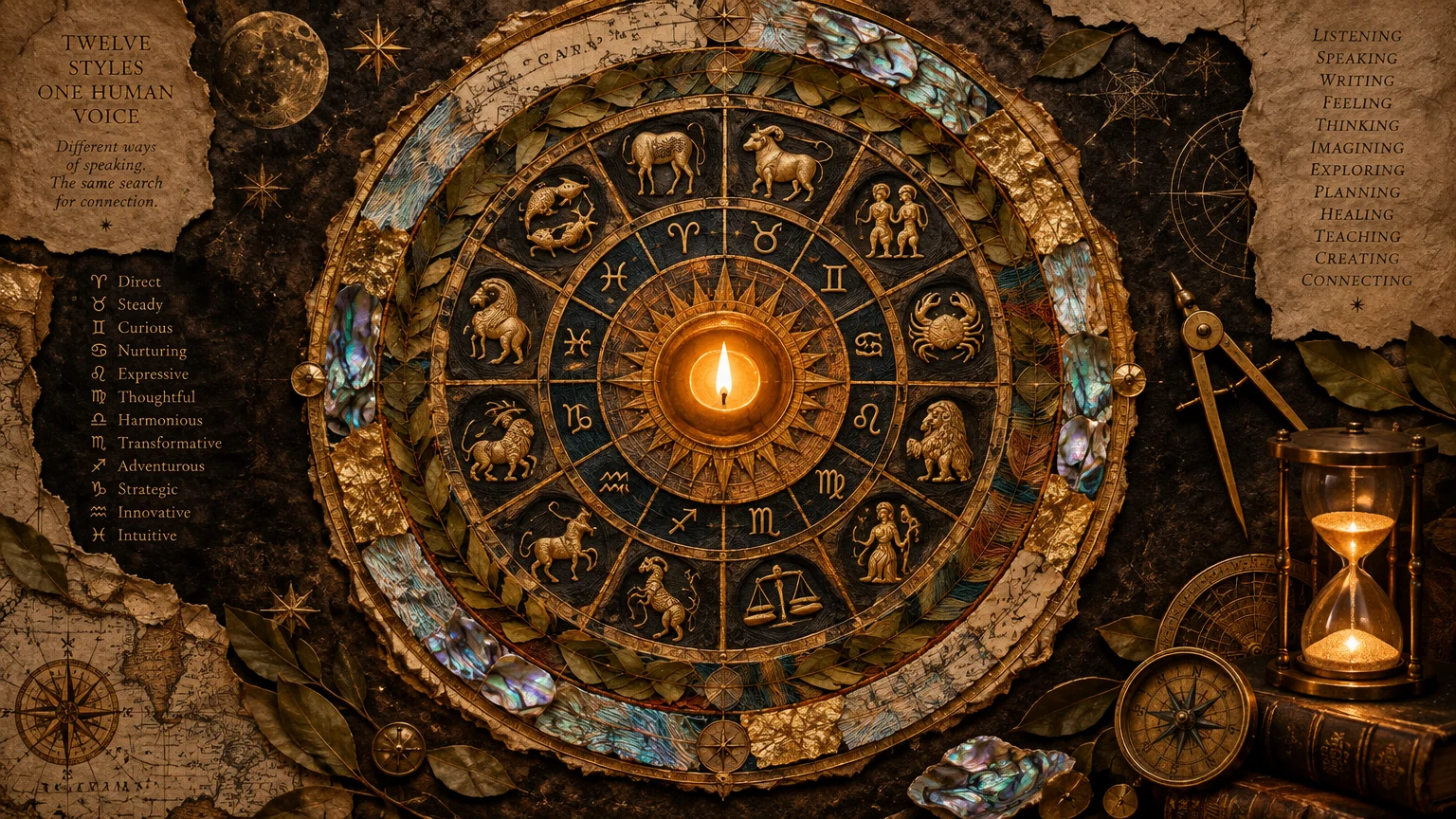 Ornate antique zodiac wheel centered around a glowing candle, flanked by an hourglass, compass, and aged parchment.