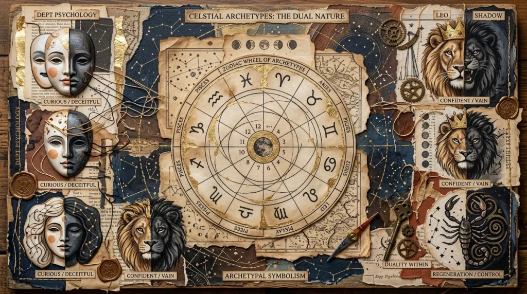 Mixed media collage featuring a vintage zodiac chart, astrological symbols, split masks, and lion illustrations.