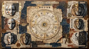 Mixed media collage featuring a vintage zodiac chart, astrological symbols, split masks, and lion illustrations.