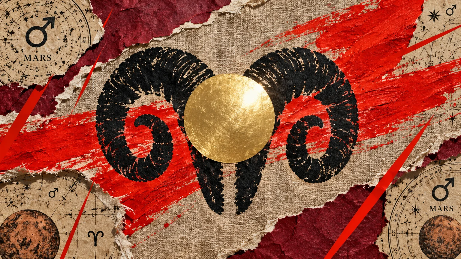 Mixed media collage of black ram horns, a gold disc, red paint brushstrokes, and vintage Mars planetary charts.