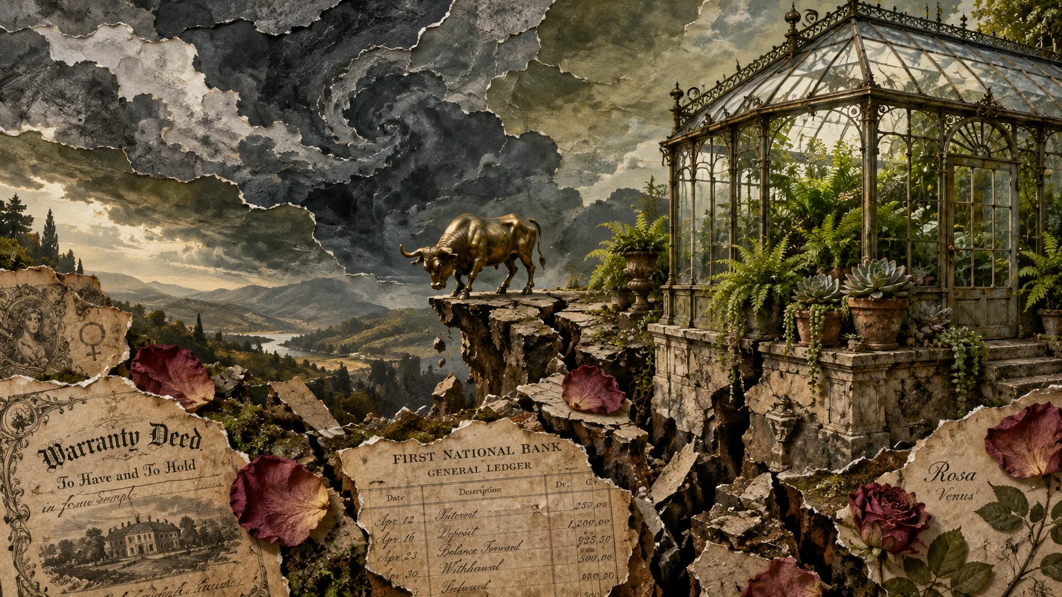 Mixed-media collage of a golden bull on a rocky ledge beside a glass conservatory, vintage documents, and stormy skies.