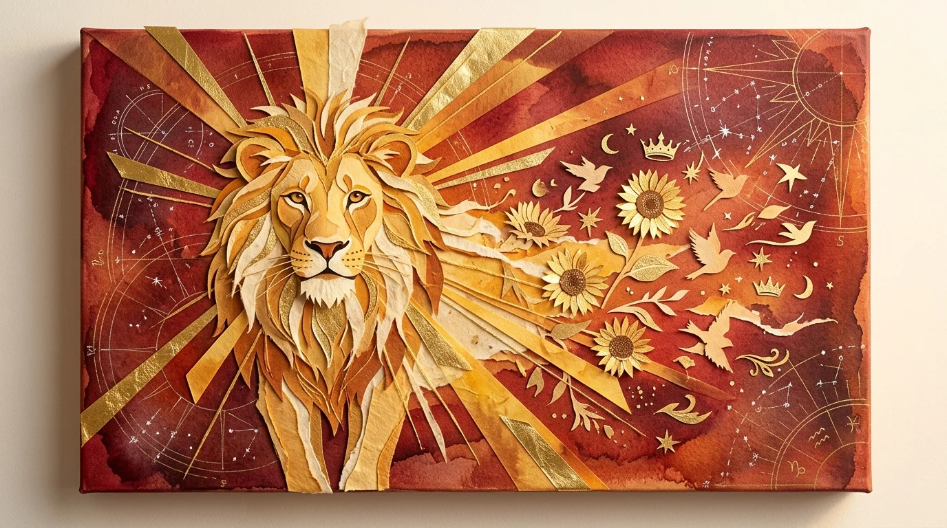 Mixed media collage of a golden lion radiating paper sunbursts alongside sunflowers, flying birds, and celestial charts.