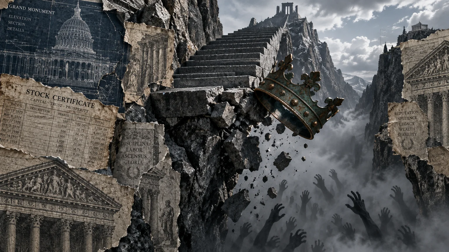 A crown falls down crumbling stone mountain stairs toward shadowy reaching hands, surrounded by torn architectural blueprints.