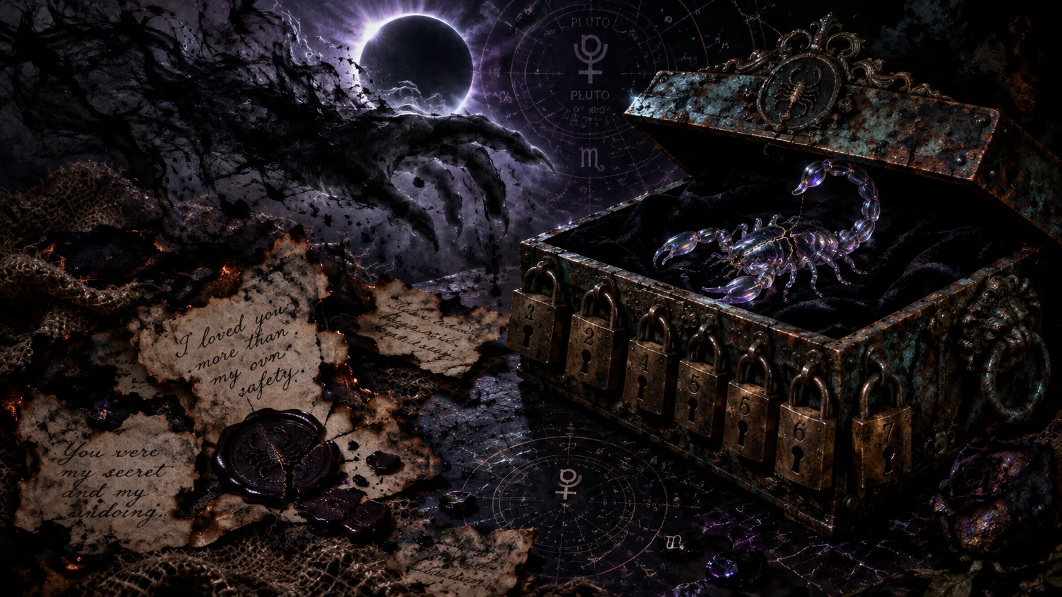 A crystal scorpion inside an ornate locked box beside burned letters, a broken wax seal, and a shadowy reaching hand.
