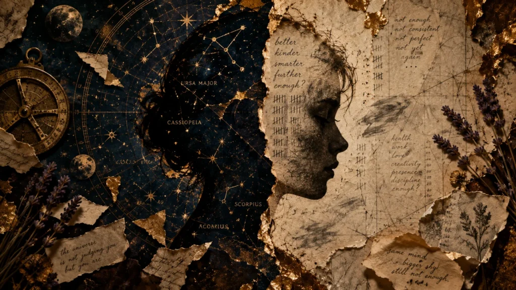 Mixed-media collage of a woman's profile split between gold-speckled celestial star charts and torn parchment with notes.