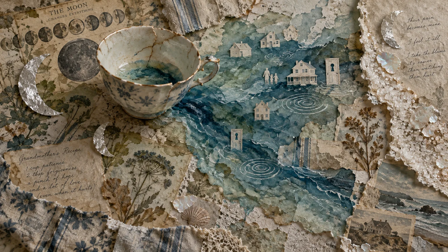 Mixed-media collage featuring a cracked teacup spilling blue watercolor over miniature paper houses, pressed botanicals, and moon cutouts.