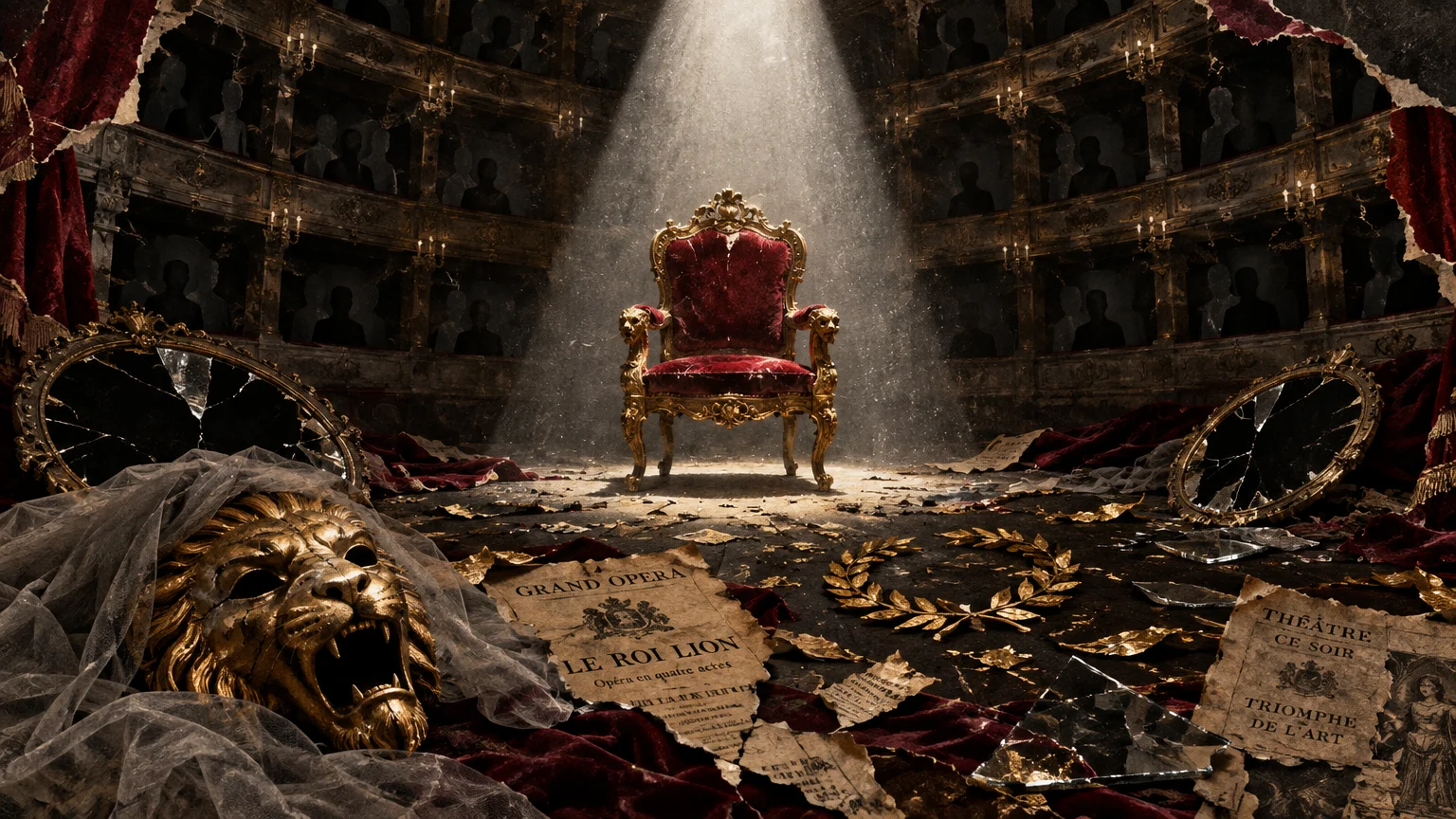 Empty ornate red velvet throne in a spotlight on a theater stage littered with broken mirrors, playbills, and a lion mask.