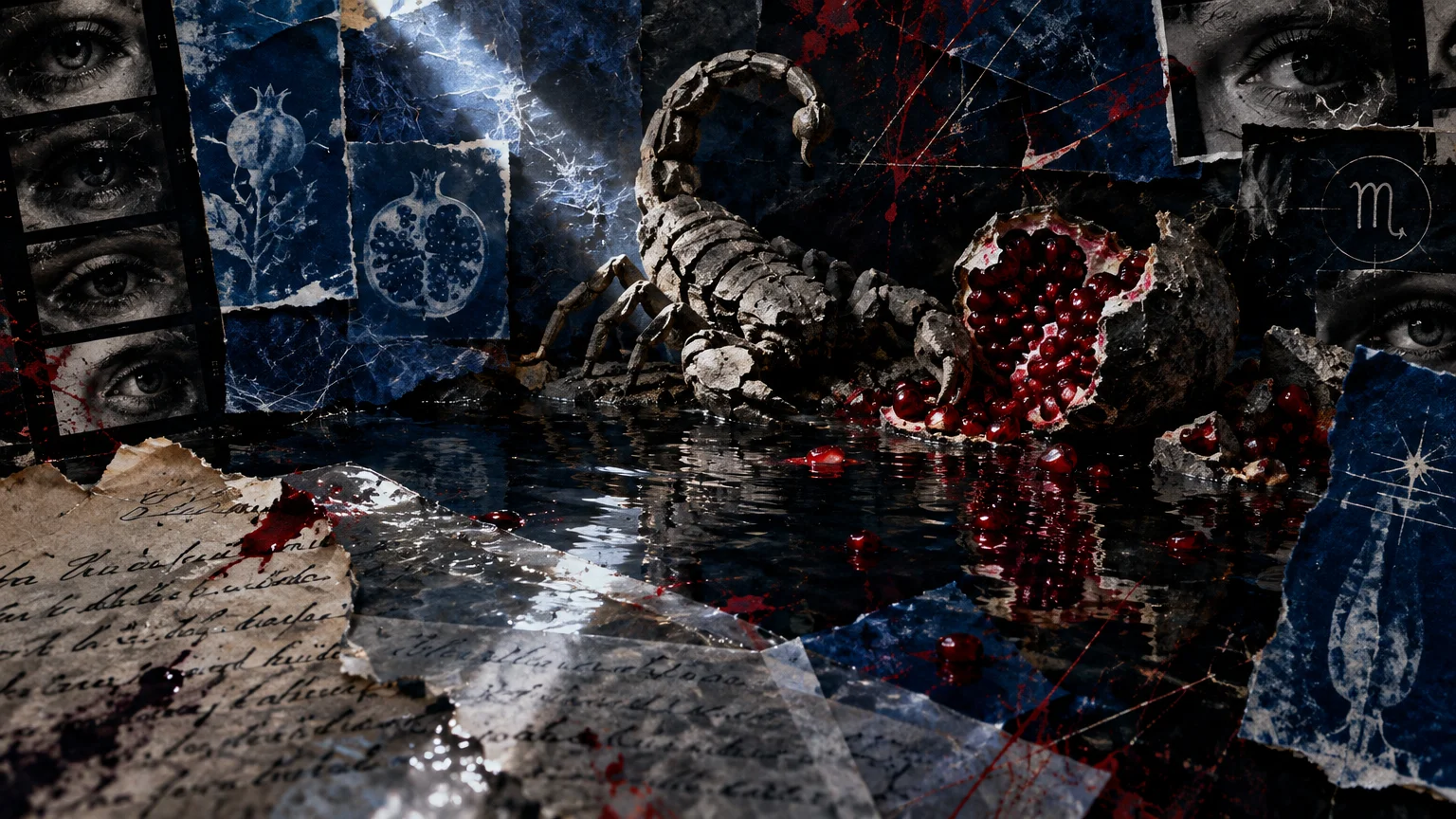 Mixed media collage of a stone scorpion, broken pomegranate seeds, film strips of watching eyes, and handwritten letters.