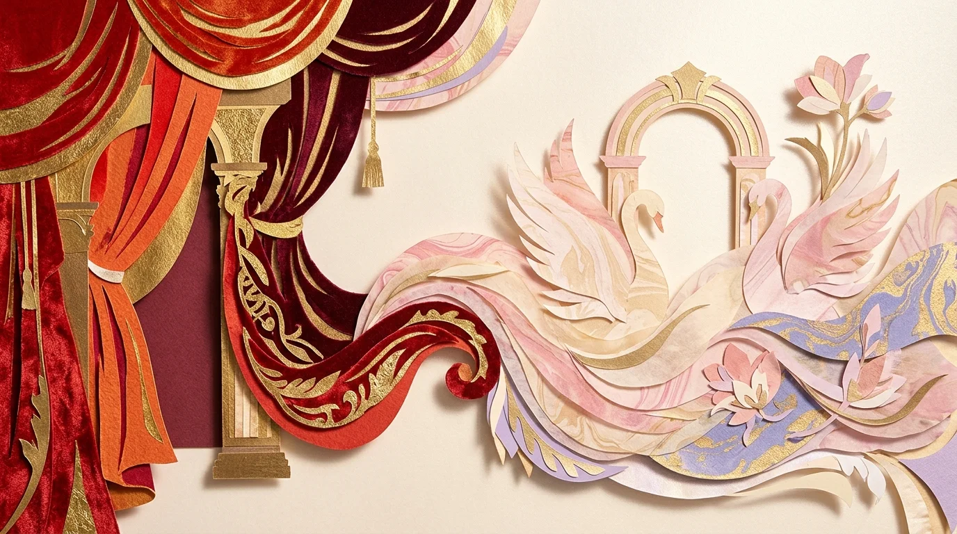 Mixed media cut-paper collage featuring draped red velvet curtains, a classical arch, and pastel marbled swans.