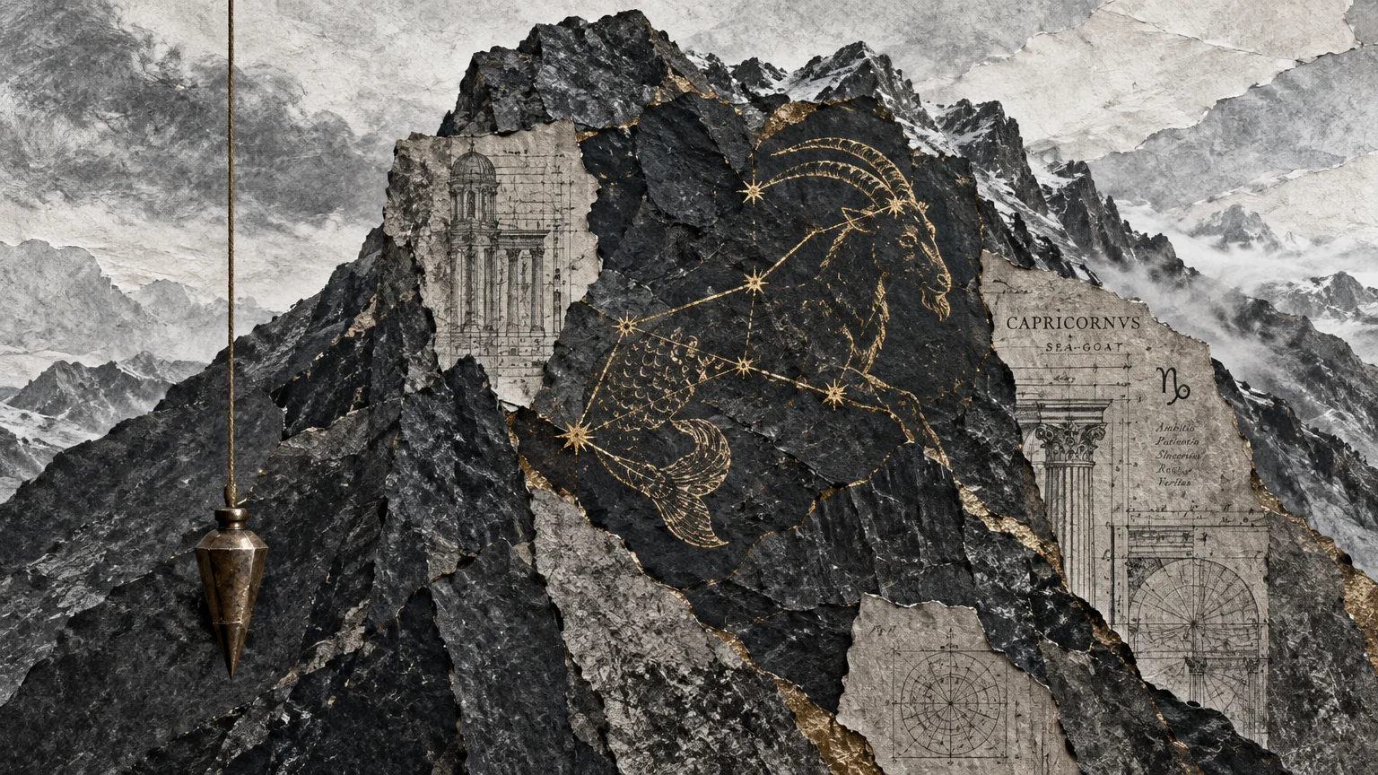 Mixed-media collage of rocky mountains featuring a golden Capricorn sea-goat constellation, architectural sketches, and a plumb bob.