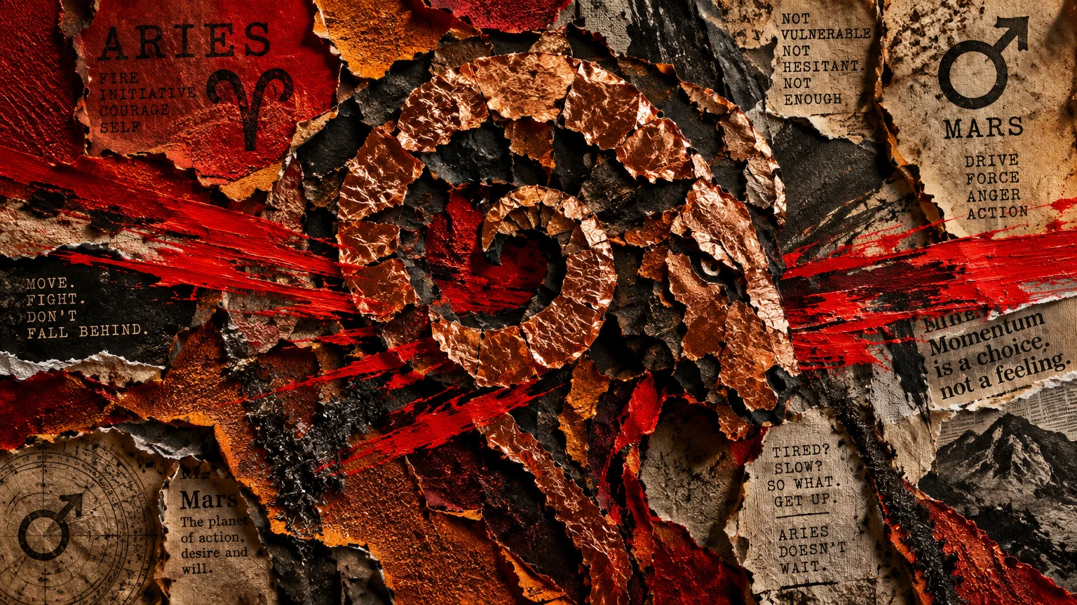 Mixed media torn-paper collage of a ram head in textured bronze foil, surrounded by red paint slashes and Mars typography.