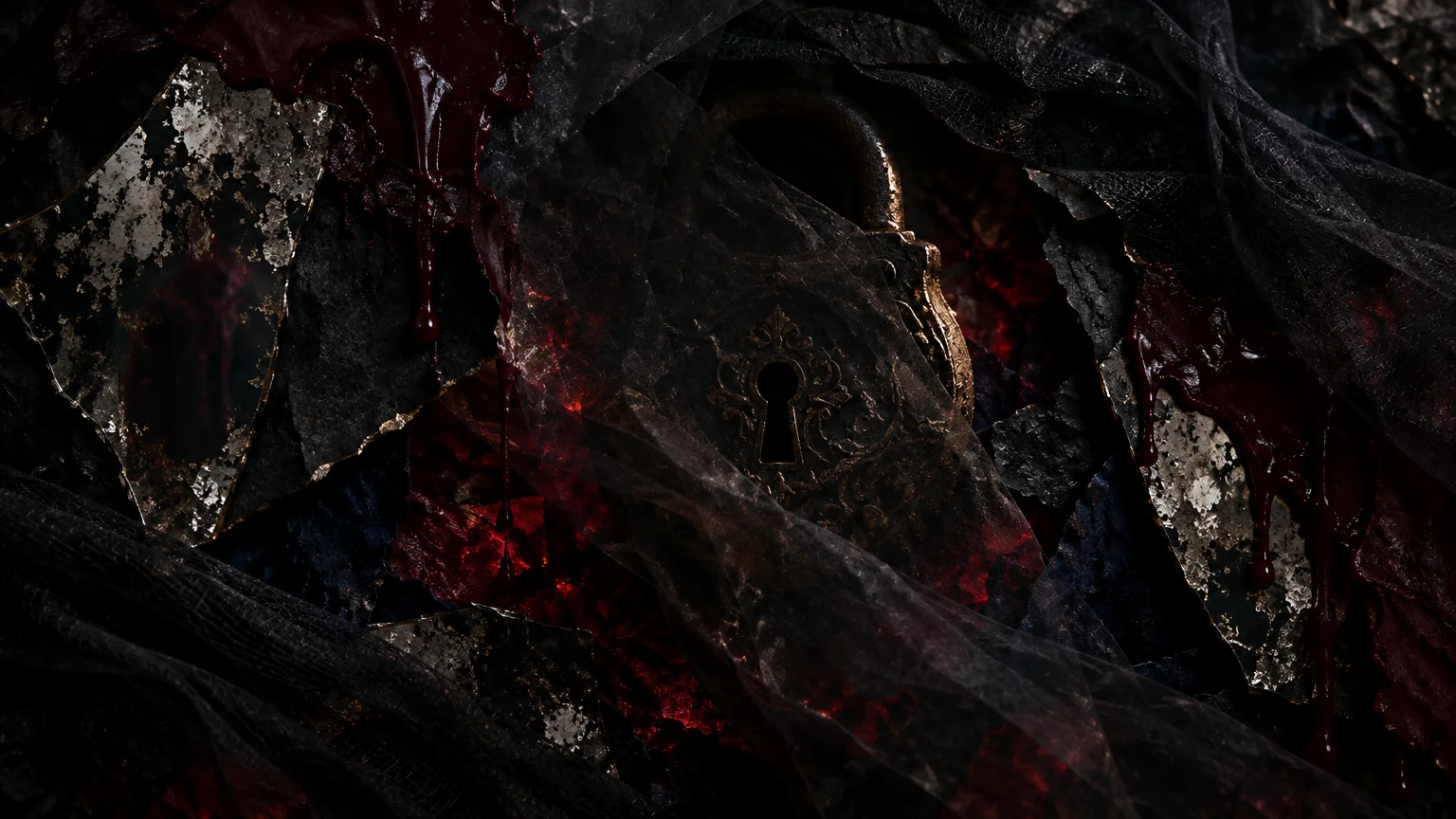Ornate antique metal padlock partially concealed beneath sheer dark fabric, distressed paper, and red wax drips.