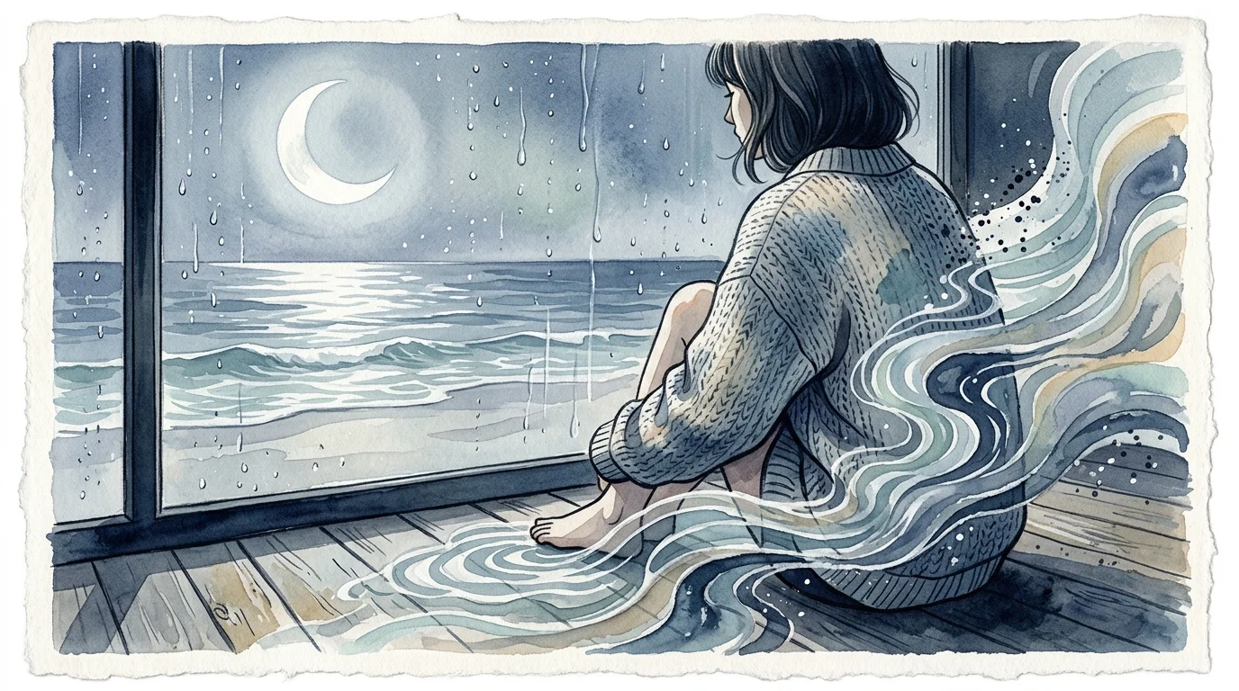 Watercolor illustration of a person in a sweater looking out a rainy window at a crescent moon over ocean waves.