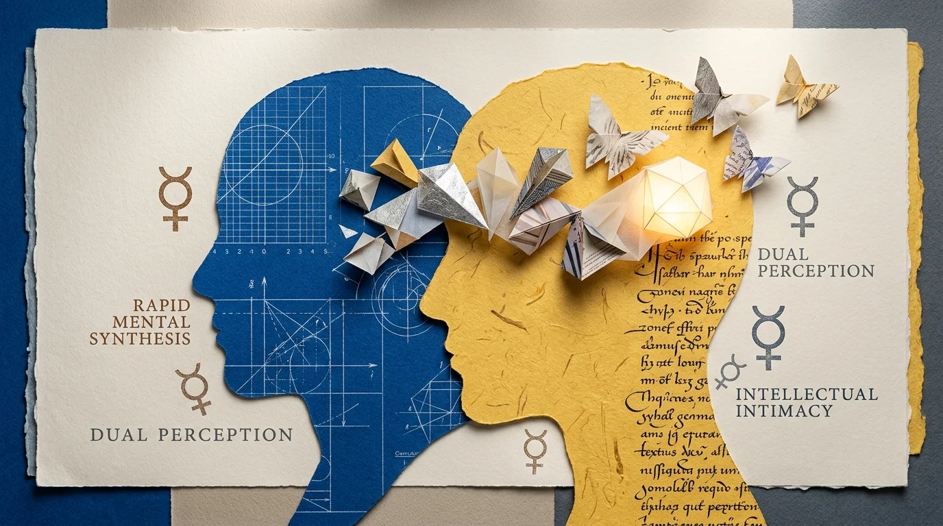 Papercut silhouettes of two facing profiles in blue and yellow, adorned with Mercury symbols and origami butterflies.
