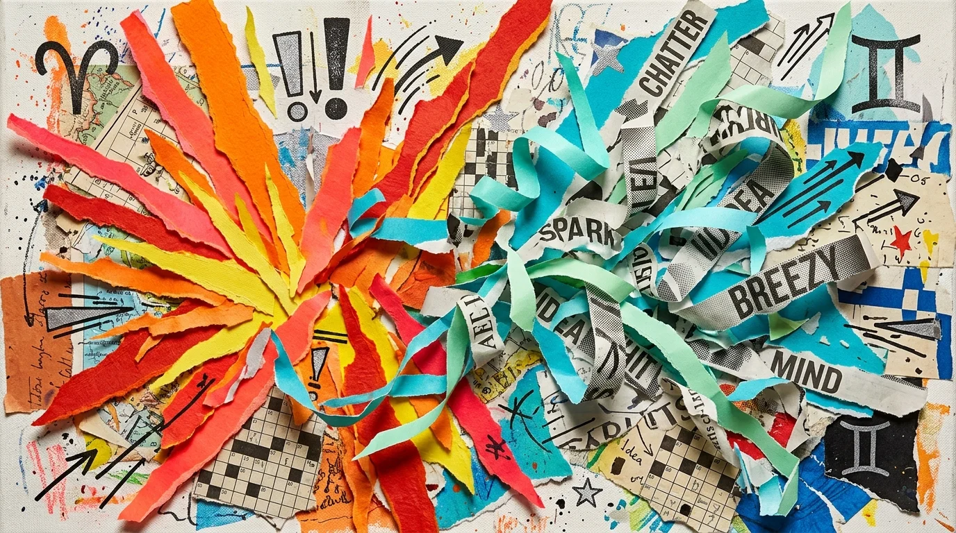 Paper collage with explosive red and orange paper strips on the left and swirling blue ribbons with printed text on the right.
