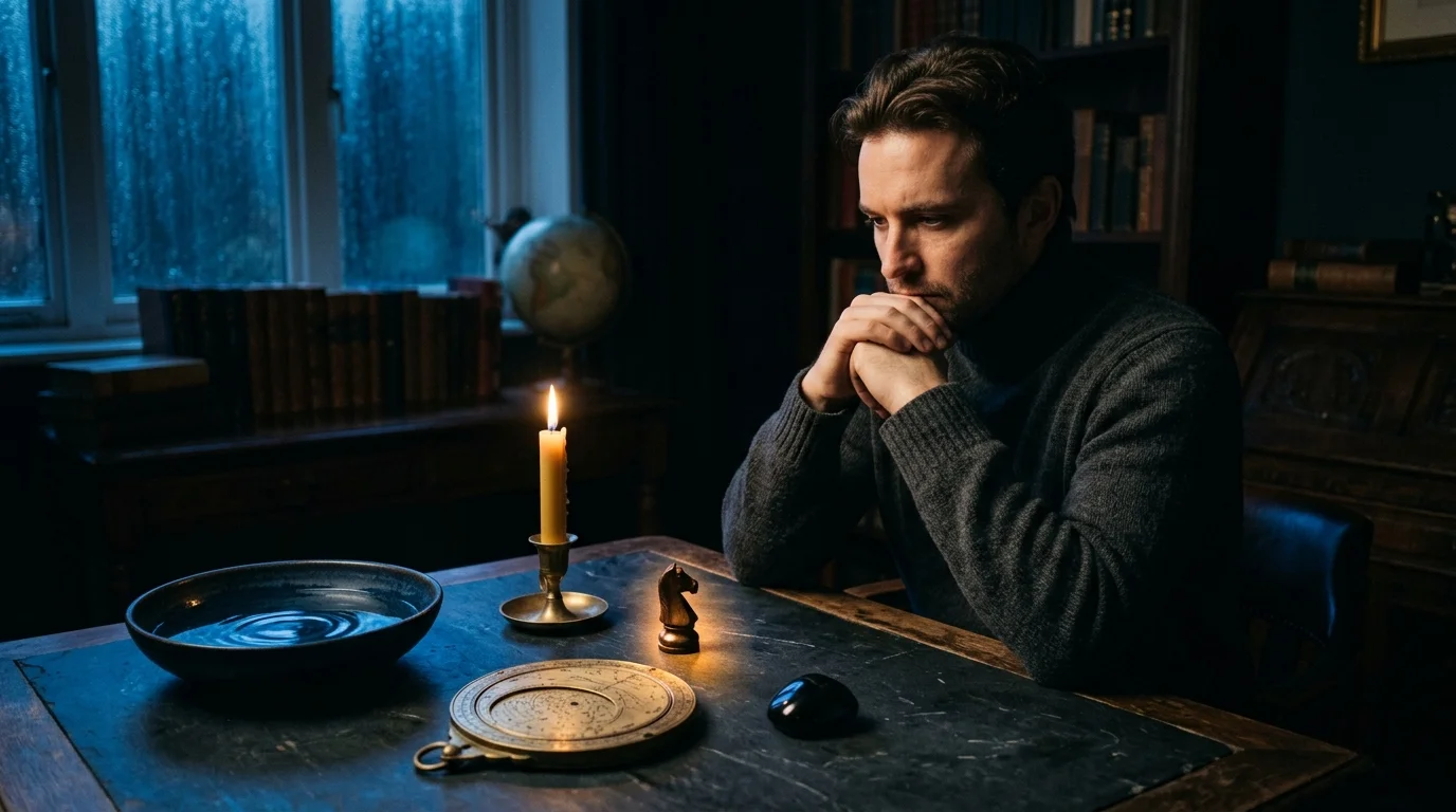 A pensive man sits at a dark wooden desk by candlelight, looking at a chess knight, astrolabe, and bowl of water.