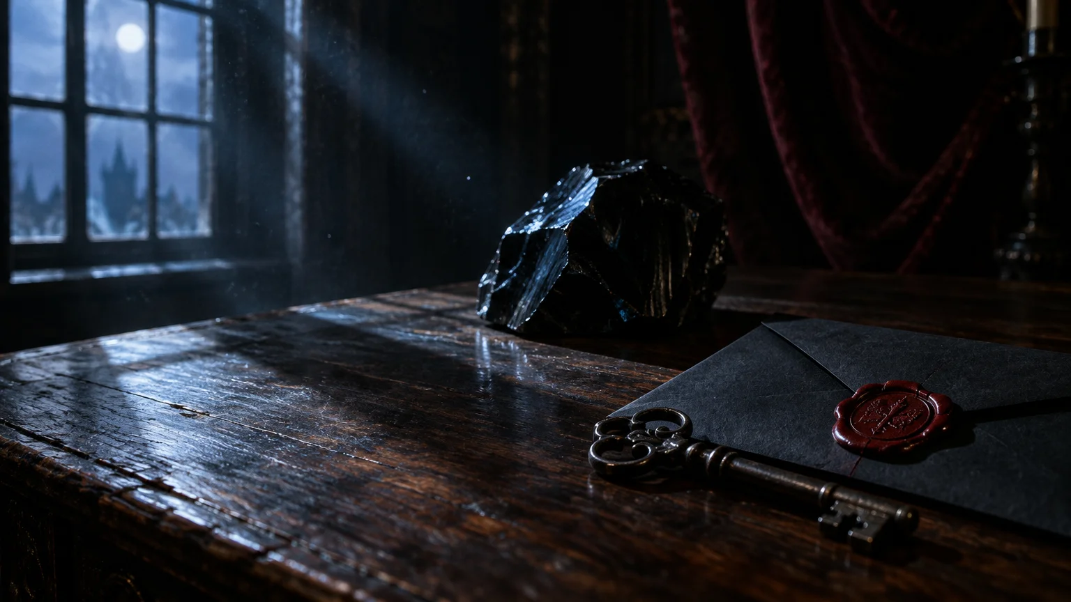 A sealed black envelope with red wax, a brass skeleton key, and a dark stone sit on a wooden desk by a moonlit window.