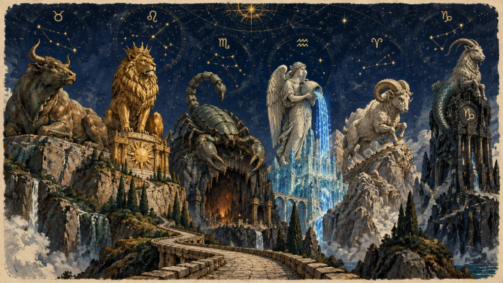 Fantasy landscape with six monumental zodiac statues—bull, lion, scorpion, water-bearer, ram, and sea-goat—under starry skies.
