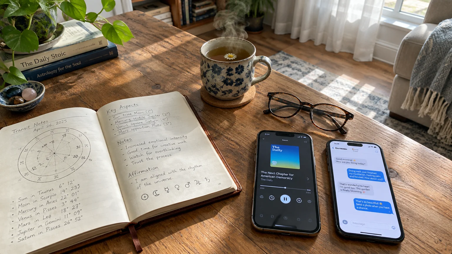 Wooden desk with an open astrology notebook, steaming tea mug, eyeglasses, and two smartphones in bright sunlight.