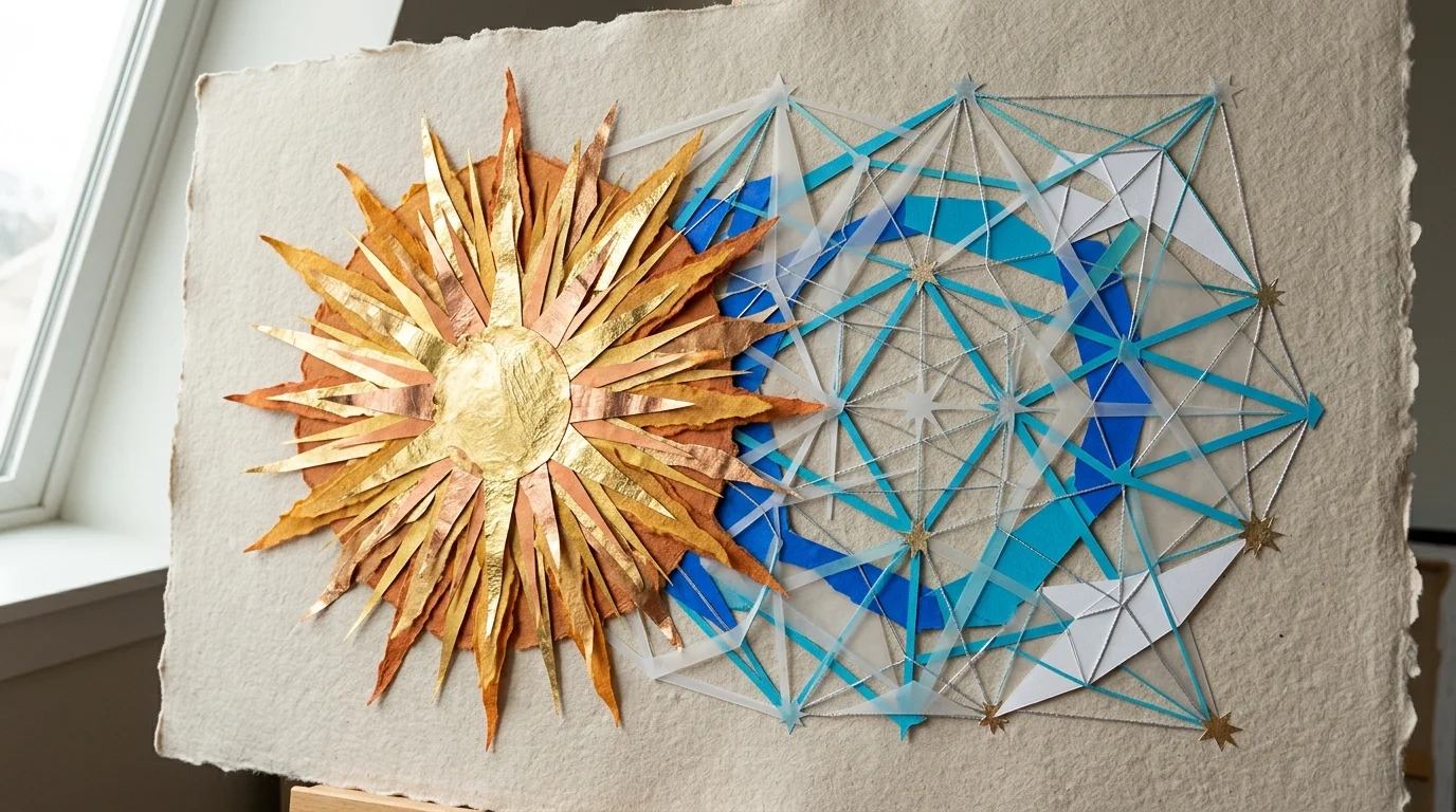 Cut-paper collage showing a golden, layered sun motif intersecting with blue and silver geometric constellation lines.