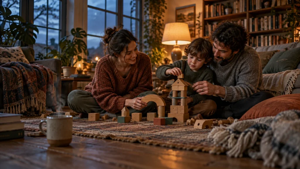 A mother and father sit on a rug in a cozy living room, smiling as their young son builds with wooden blocks.