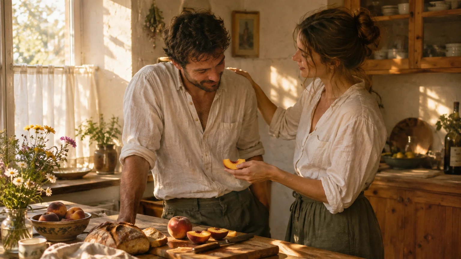 A woman feeds a peach slice to a smiling man in a sunlit rustic kitchen beside fresh bread and fruit.