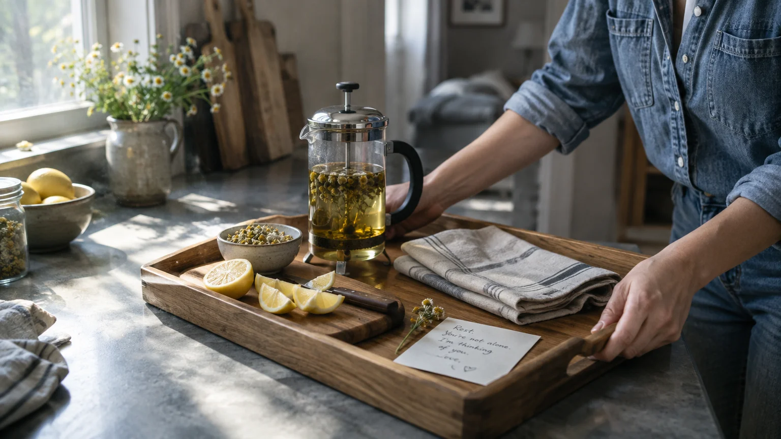Person holding a wooden tray with a glass press of chamomile tea, sliced lemons, a linen napkin, and a handwritten note.